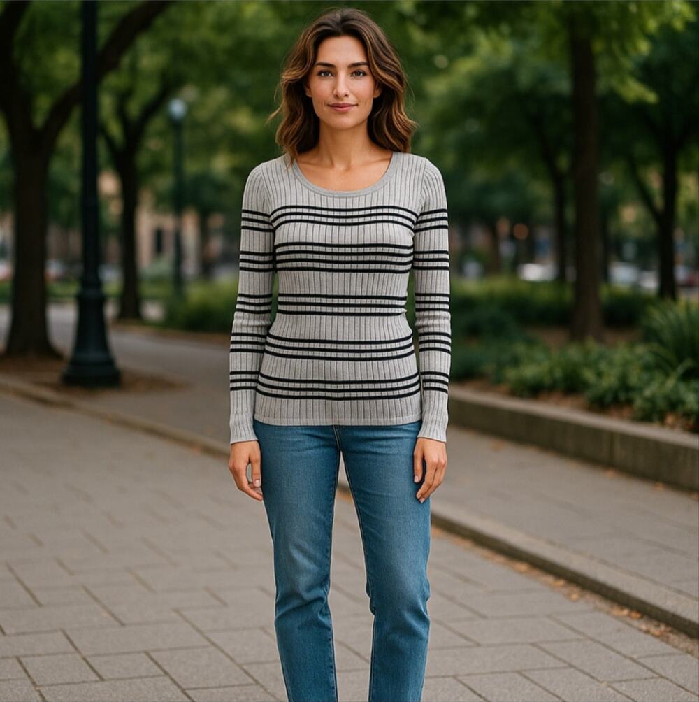 Striped Knit Scoop Neck Ribbed Top L 12-14